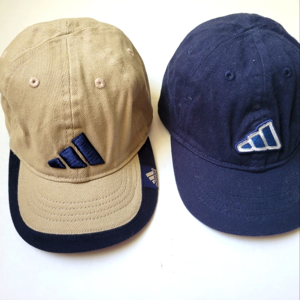2- Adidas Infant baseball caps. Tan with blue stripes & Dark blue with stripes